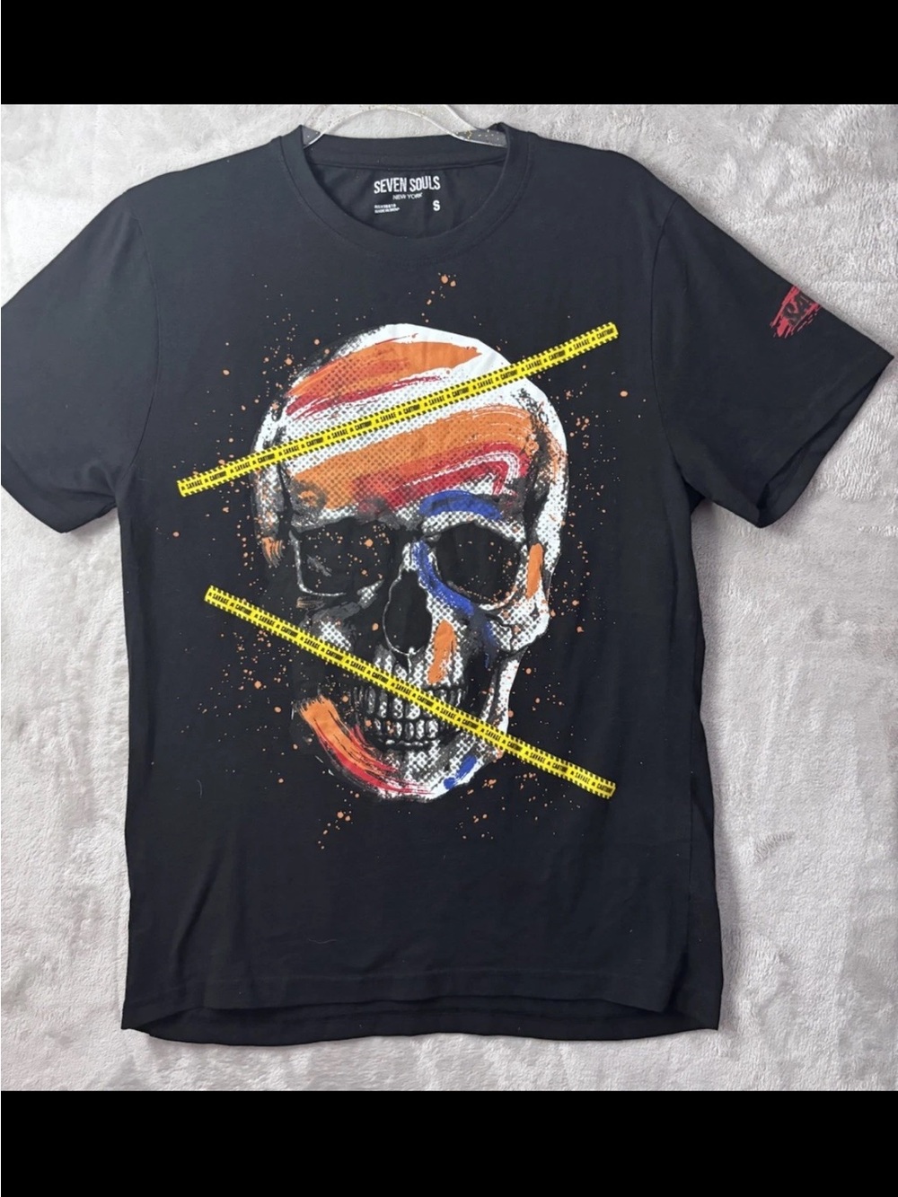 Seven Souls Skull Graphic T Shirt Mens Small Black Streetwear Caution Tape Tee